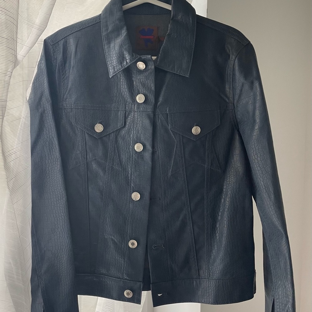 Black Leather Jacket with Silver Buttons